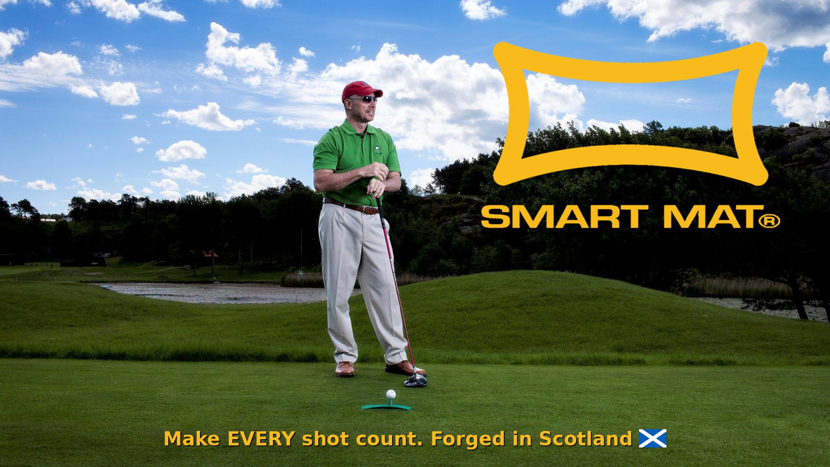 Golfer at the tee with the yellow Smart Mat logo – Forged in Scotland