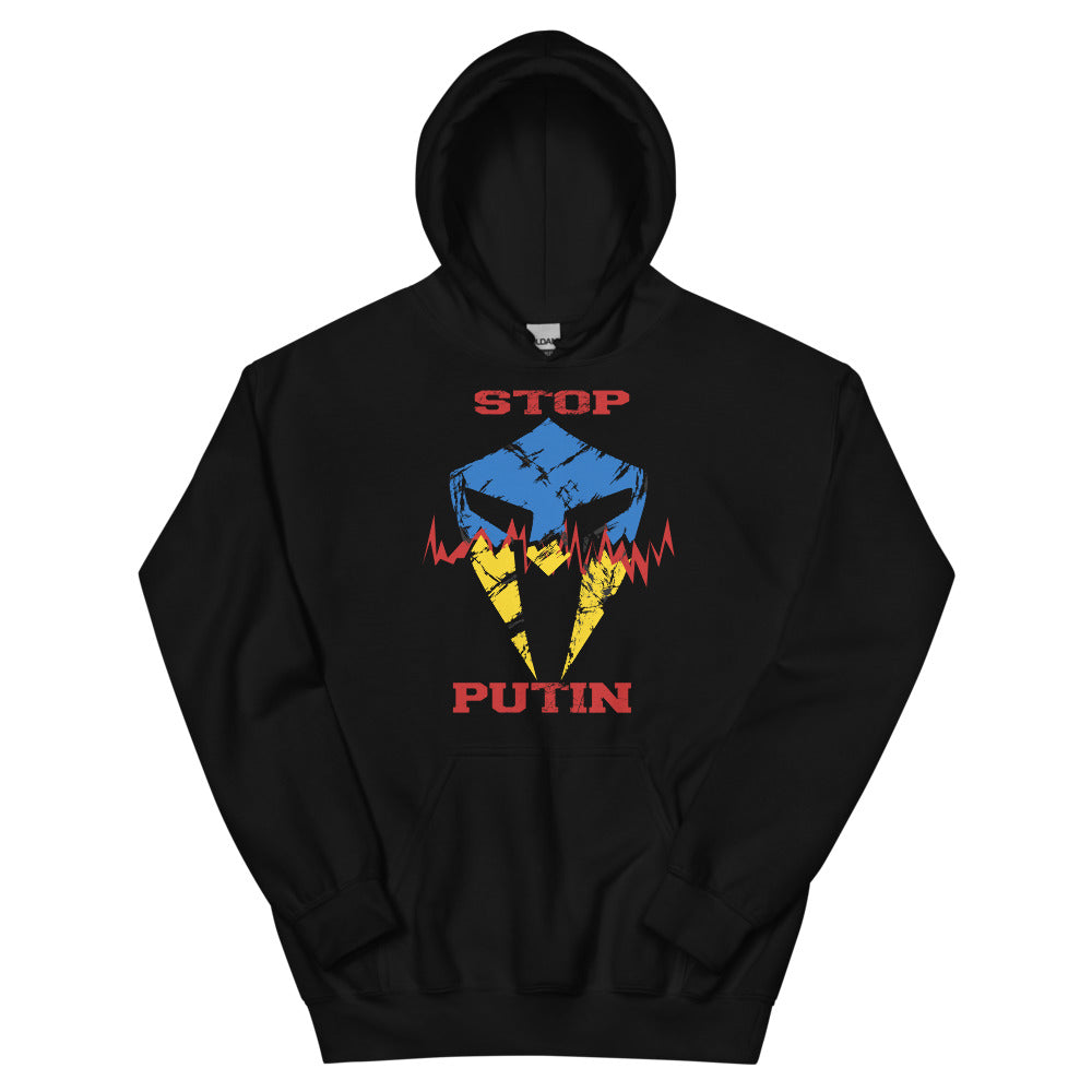 Hoodie showing 'Stop Putin' Graphic with Sentry Creed logo similar to Trojan Helmut in Ukrainian colours Blue and yellow.
